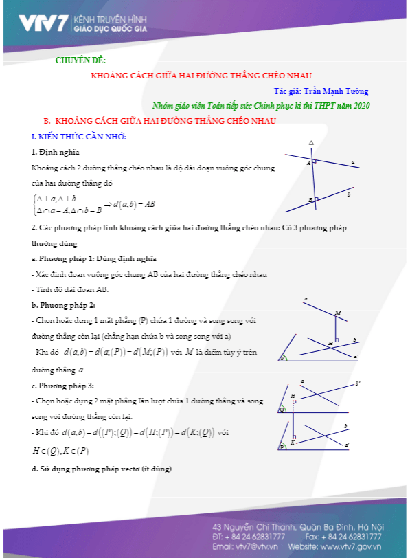 Chuyên đề khoảng cách giữa hai đường thẳng chéo nhau - Trần Mạnh Tường